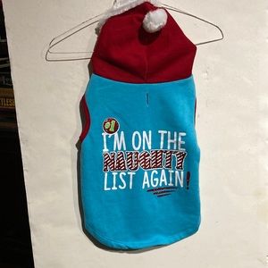 🐸NWT “Naughty List” Hooded DOG OUTFIT. Size large. Turquoise Blue w/ Red Hood